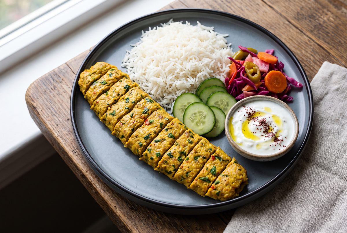 Proteinreicher Chicken Kebab mit Reis und Salat